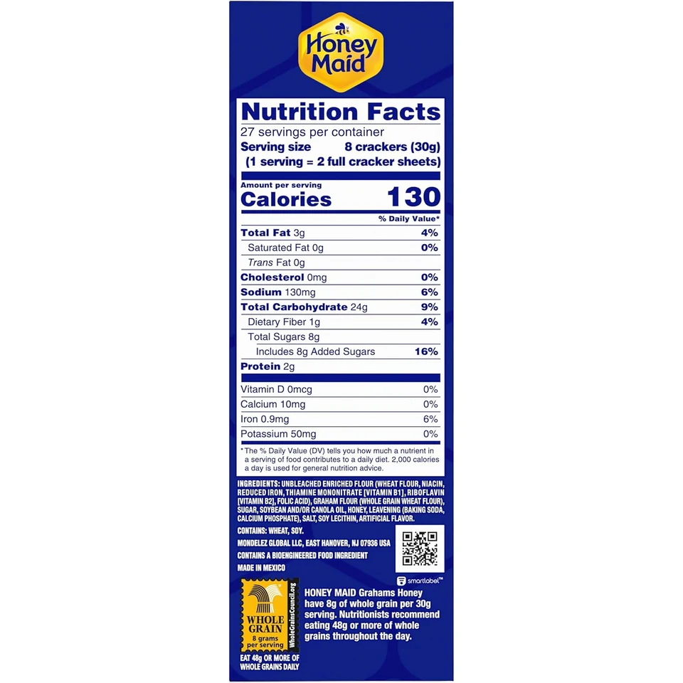 Honey Maid Honey Grahams Party Size, side label and serving information