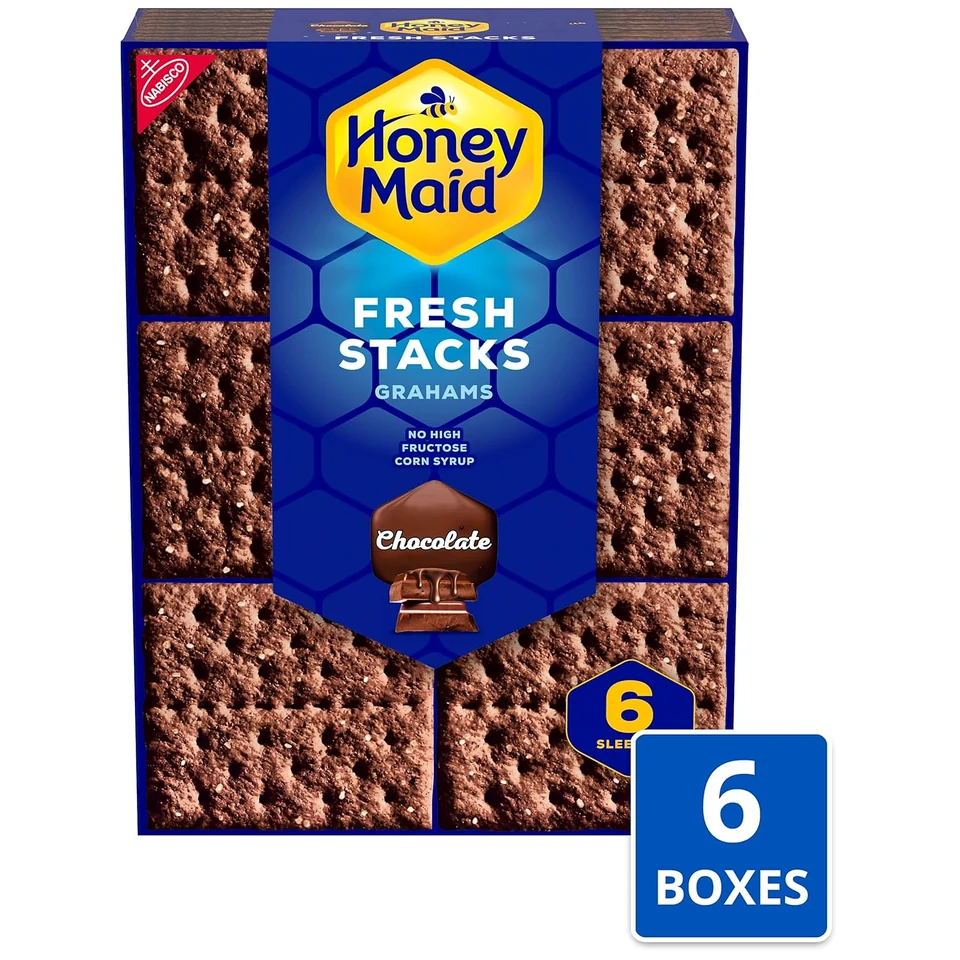 Honey Maid Chocolate Fresh Stacks, individual box front with six-box pack label